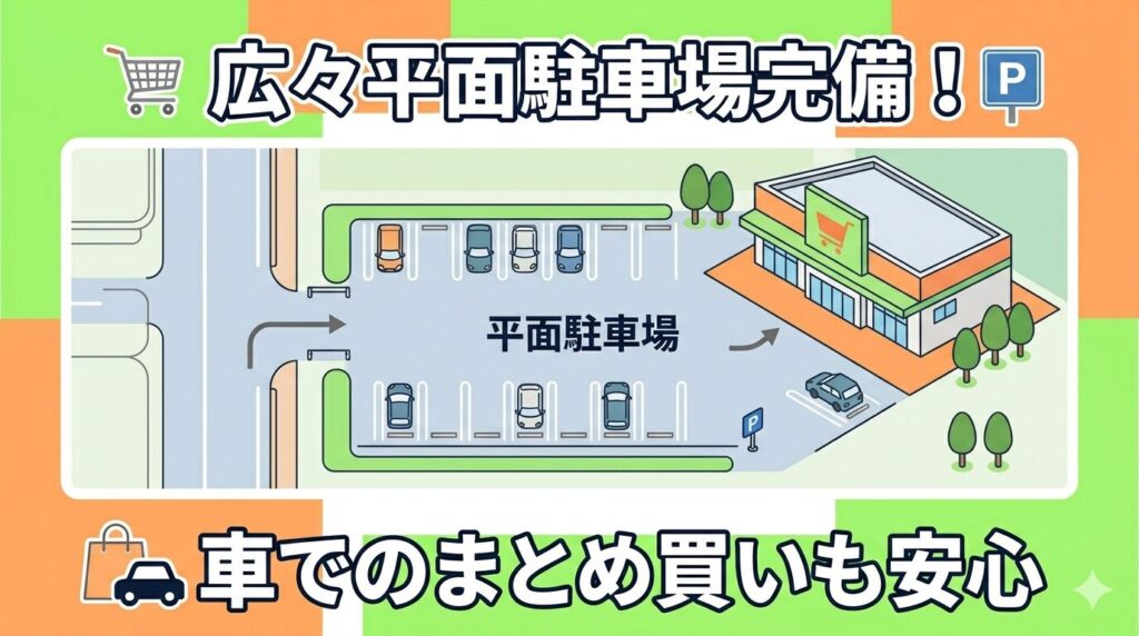 広々平面駐車場完備!車でのまとめ買いも安心の解説画像