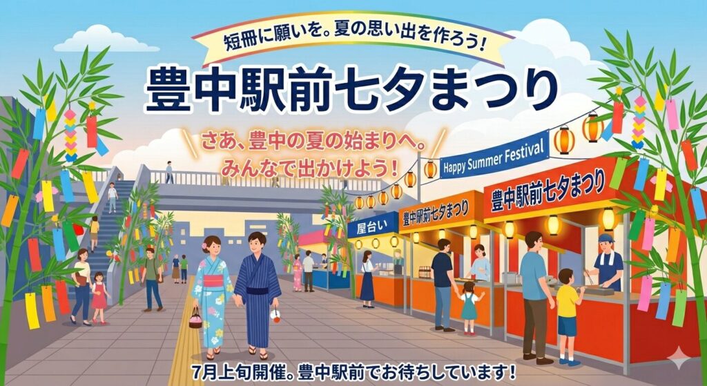 豊中駅前の七夕まつりで色とりどりの短冊が飾られた華やかな夏祭りのイメージイラスト