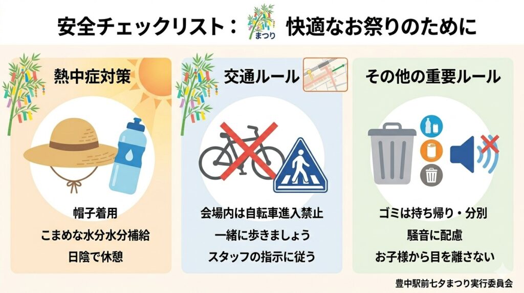 熱中症対策(帽子・水分)や自転車進入禁止 of the rules, simple icon illustration