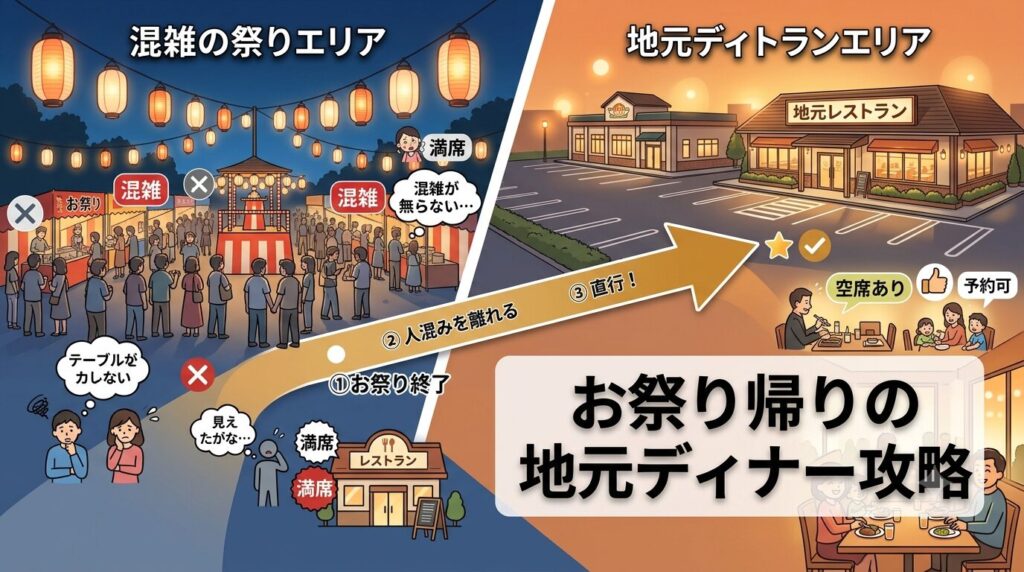混雑した夏祭り会場から帰るスマートなディナールートのイメージ図