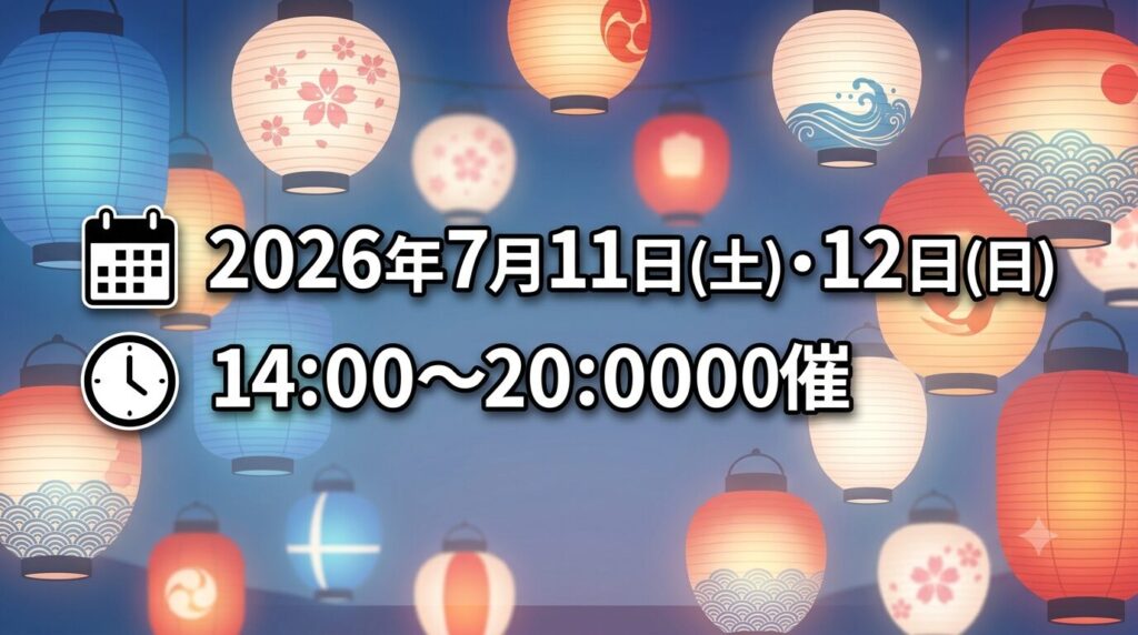 春日神社夏祭り2026の開催日程(7月11日・12日)と開催時間(14時〜20時)のインフォグラフィック案内。