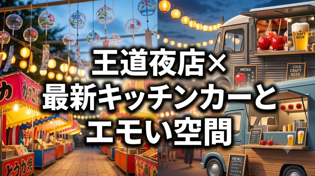 春日神社夏祭りの約28店舗の夜店と約10店舗のキッチンカー、風鈴や提灯のライトアップ空間を説明する画像。