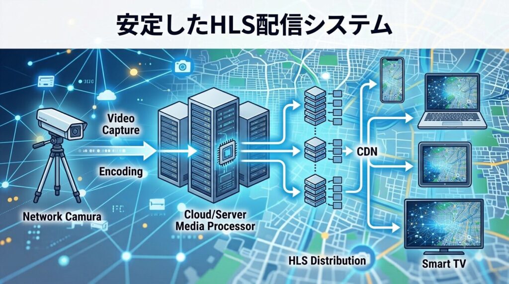 ネットワークカメラからYouTube LiveへHLS配信を行うストリーミング構成図