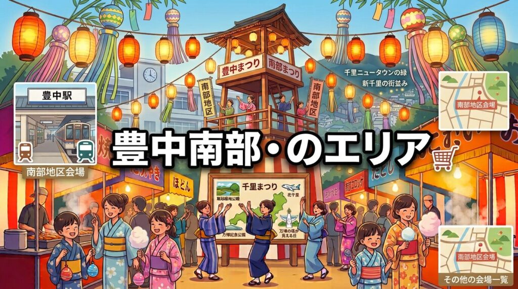 泉丘小学校や箕輪小学校など豊中南部の地域密着型夏祭りをイメージしたアットホームなイラスト