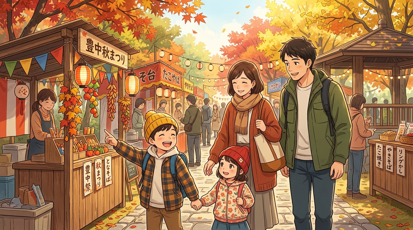 家族で秋のおでかけを楽しむ様子のイラスト