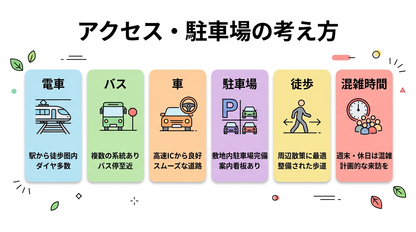 アクセスと混雑回避の要点をまとめた図解