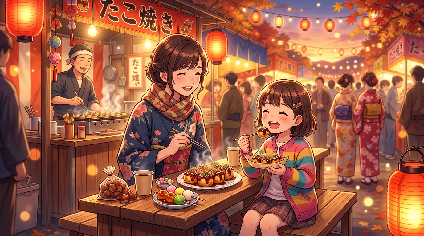 屋台やグルメを楽しむ親子のアニメイラスト