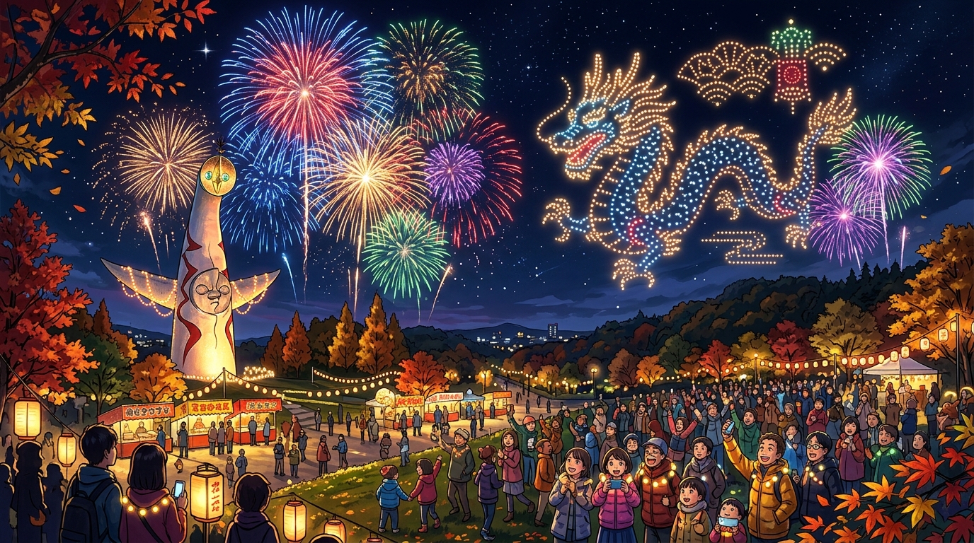 万博記念公園の夜空を彩る大迫力花火とドローンアートのイラスト