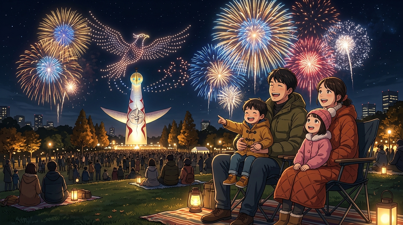 万博花火を家族で温かく鑑賞するファミリーのイラスト
