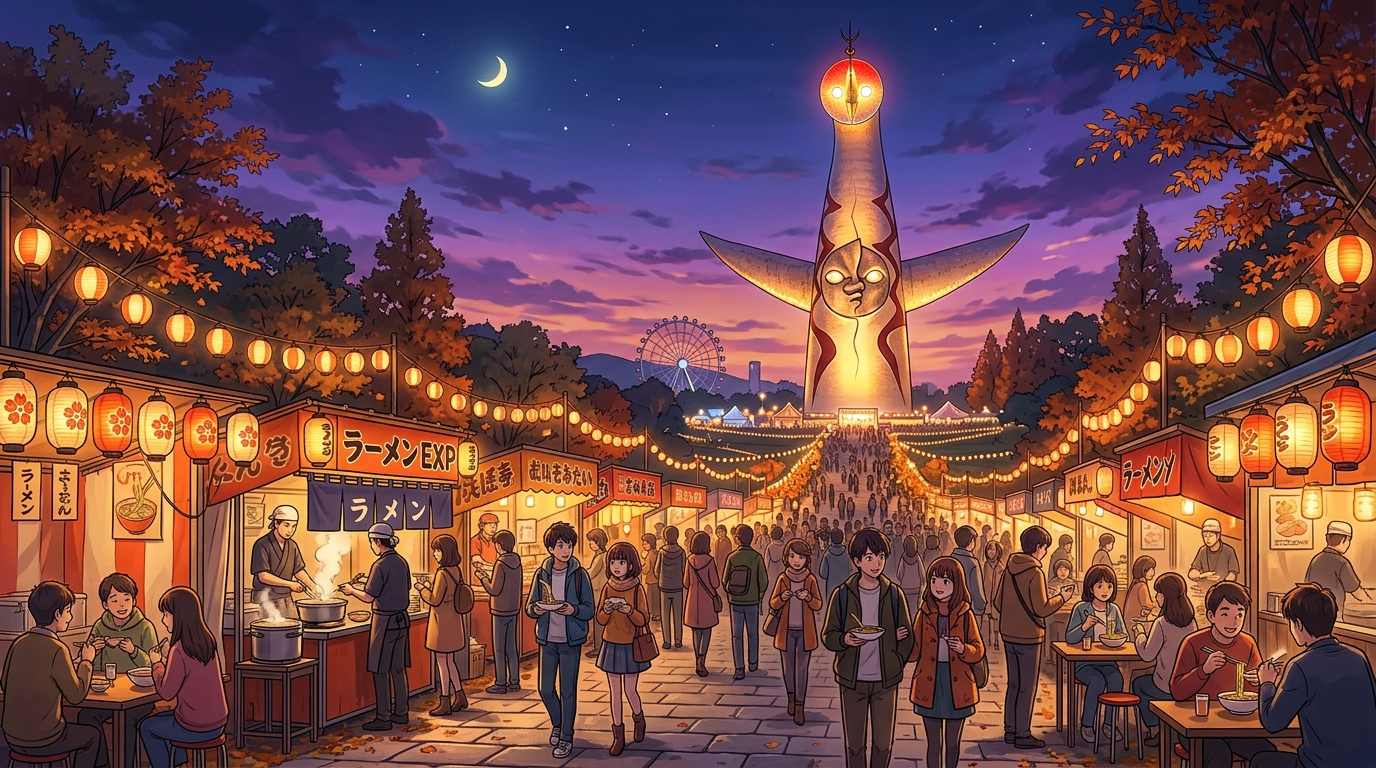 ライトアップされた太陽の塔とラーメンEXPOの夜景イラスト