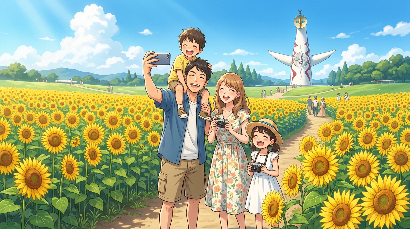ひまわり畑の中で笑顔で撮影を楽しむ親子のイラスト