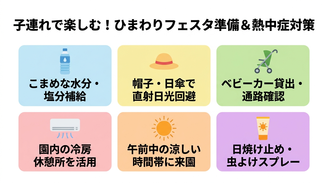 子連れで楽しむひまわりフェスタの熱中症対策と準備物インフォグラフィック