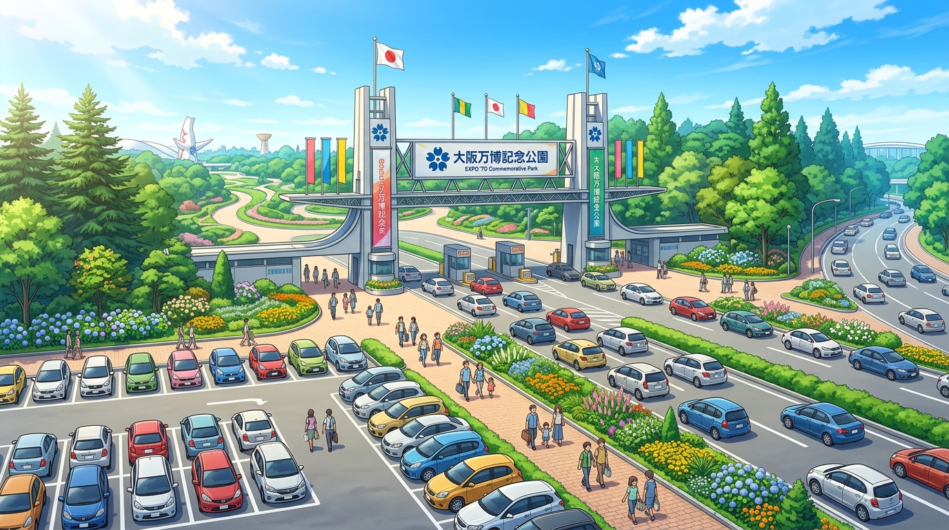 万博記念公園の駐車場と公園入口の混雑回避イメージイラスト