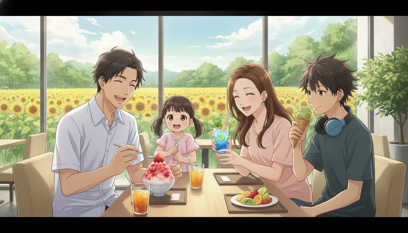ひまわり鑑賞後にららぽーとEXPOCITYやカフェで涼む家族のイラスト