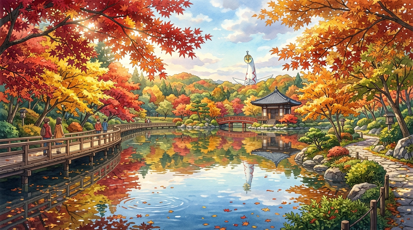 万博記念公園 日本庭園の紅葉と池の絶景イラスト