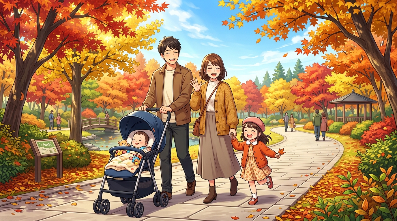 万博記念公園で紅葉散策を楽しむ子連れファミリーのイラスト