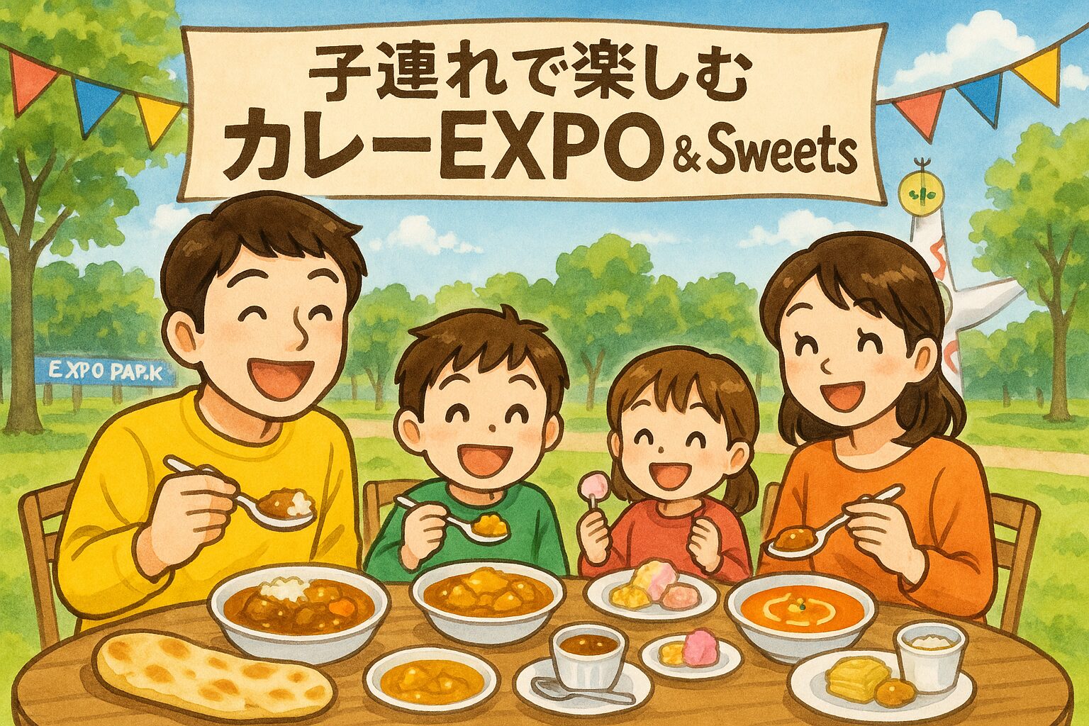 万博記念公園のカレーEXPOで食事を楽しむ親子ファミリーの様子