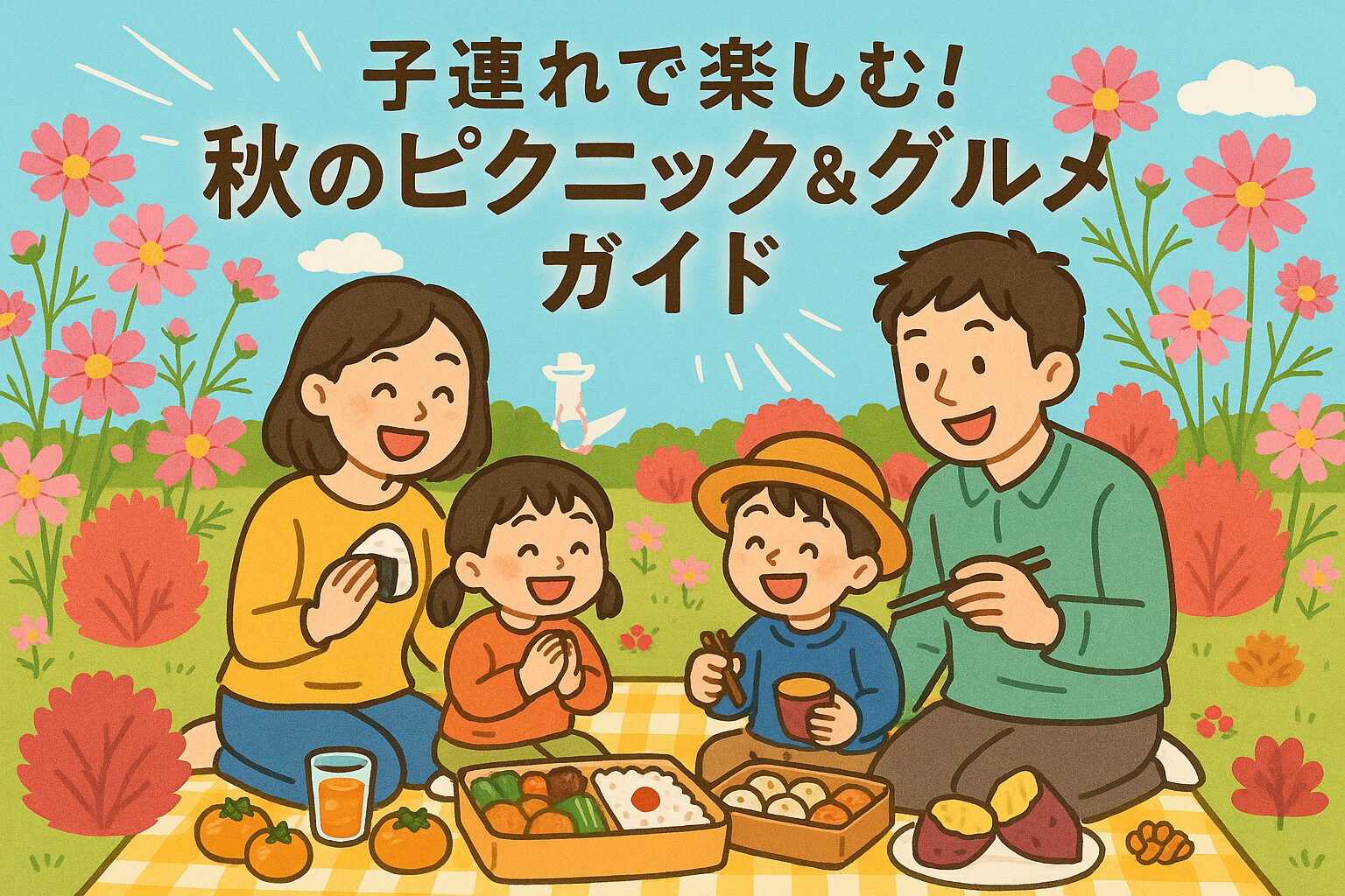 万博記念公園の花の丘でコスモスを楽しむ子連れファミリーのピクニック風景