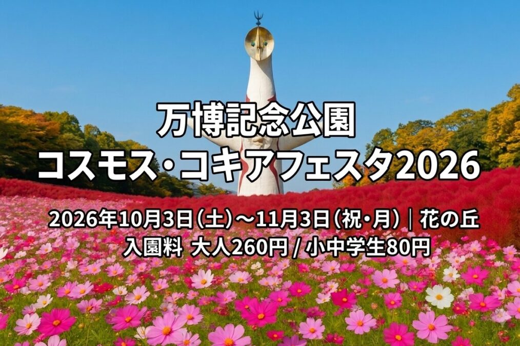万博記念公園コスモス・コキアフェスタ2026の満開のコスモスと太陽の塔