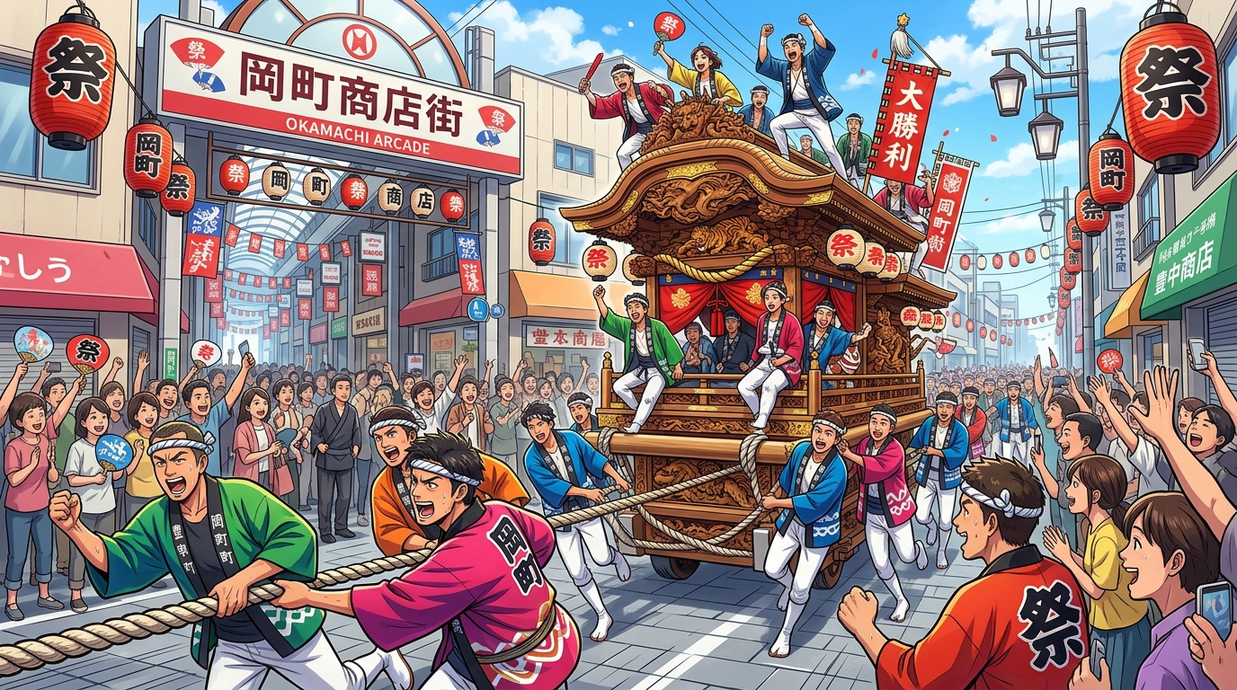 岡町商店街を巡行する迫力ある伝統の秋祭りだんじり