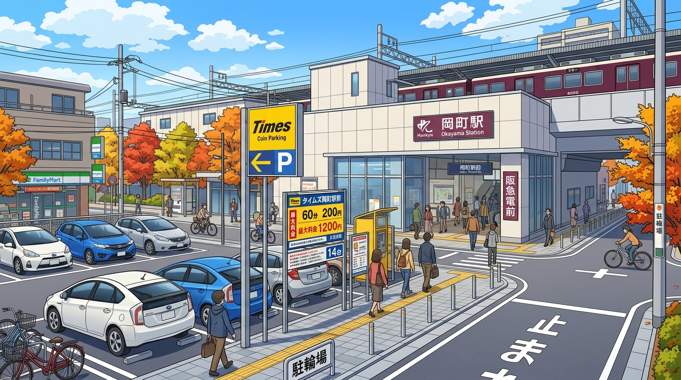 阪急岡町駅周辺のアクセスとコインパーキングのイメージ