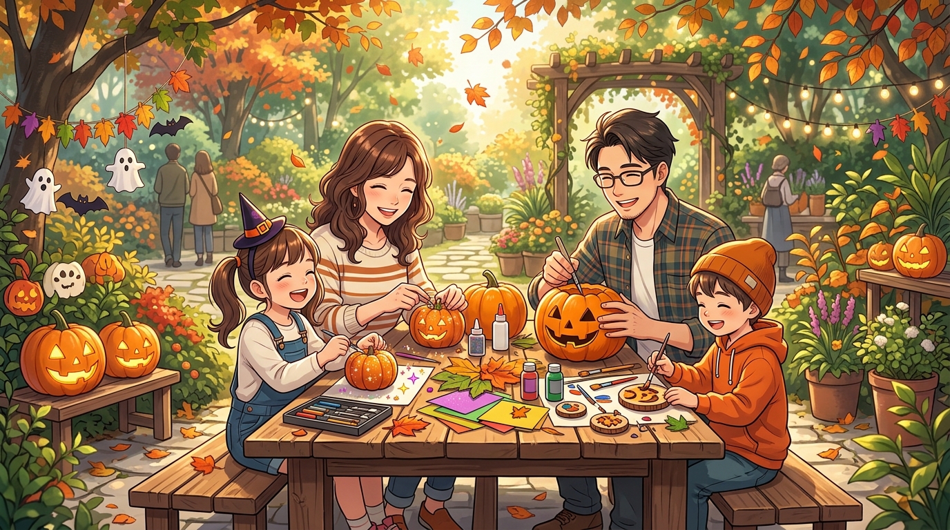 ハロウィンクラフトワークショップを楽しむ親子の様子