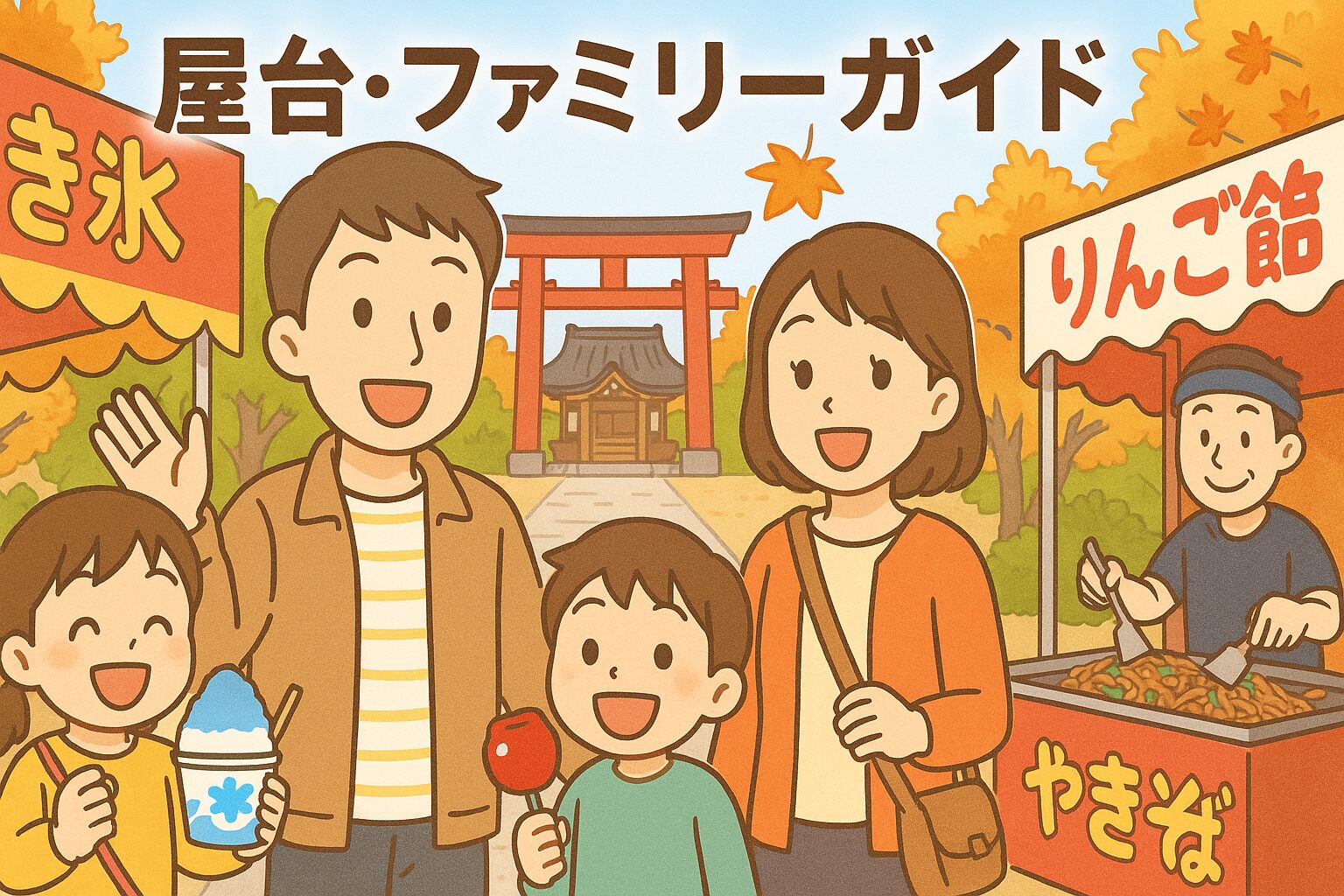 服部天神宮の秋まつりで屋台を楽しむ親子連れイメージ