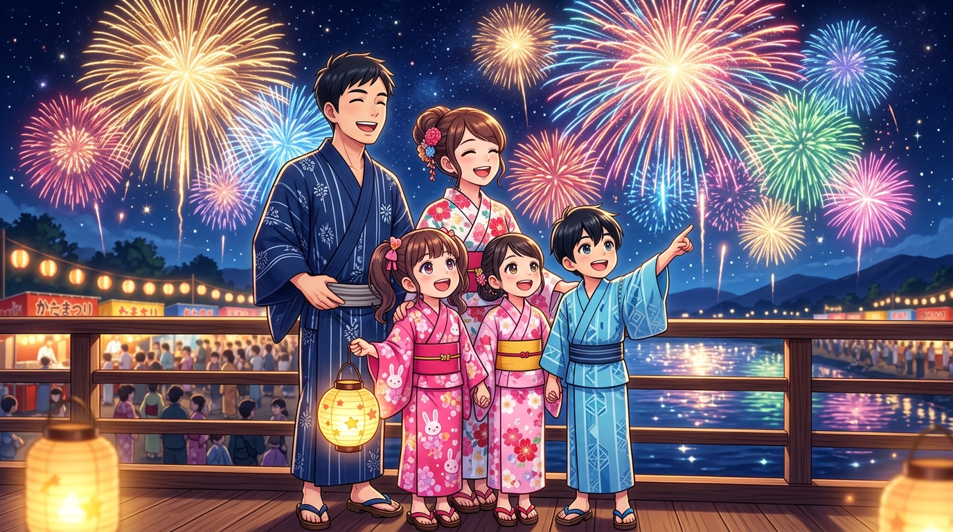 夜空に上がる茨木弁天花火を見上げる浴衣姿の親子イラスト