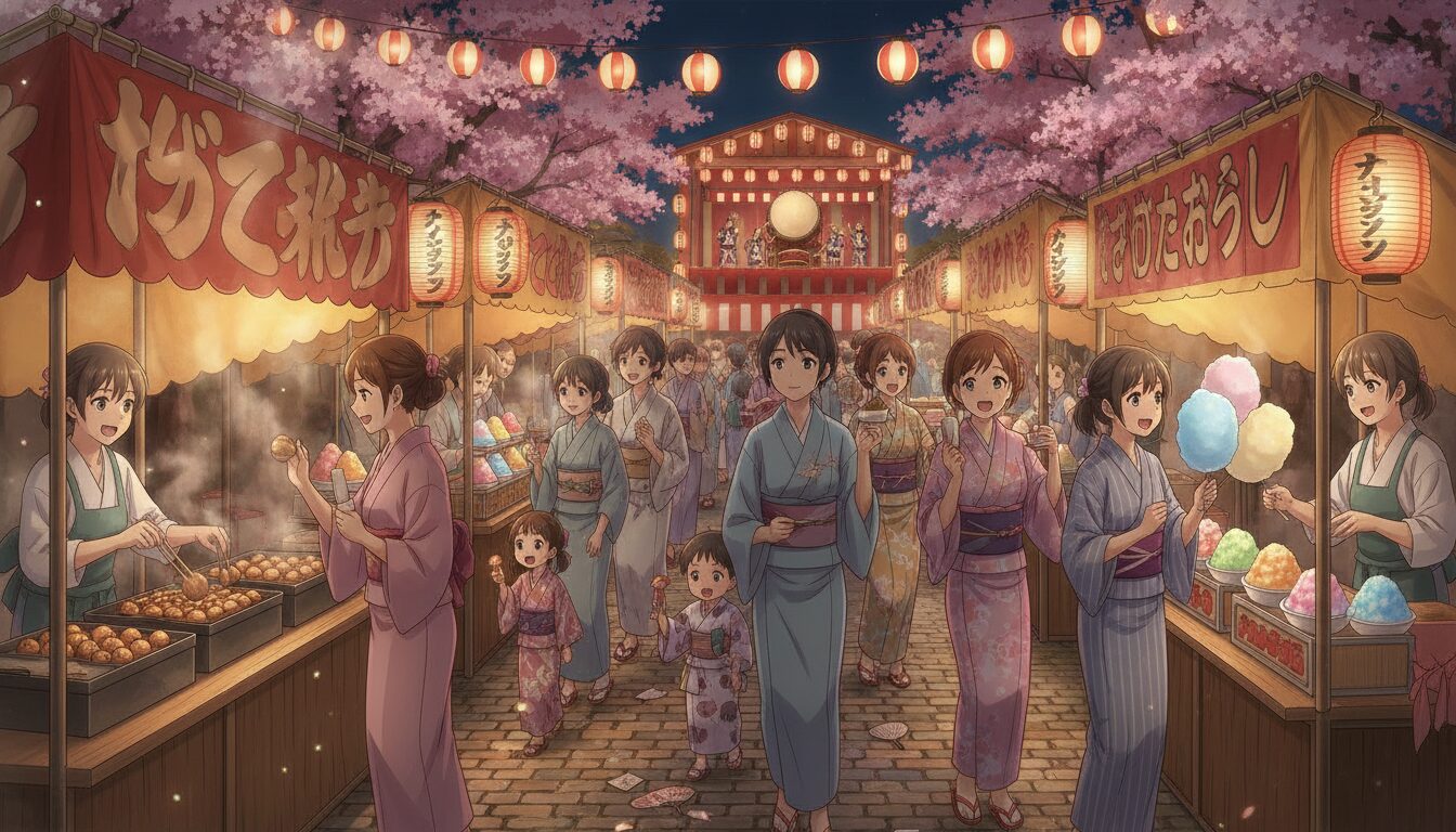 茨木弁天花火大会の境内に賑わう屋台と露店の様子イラスト