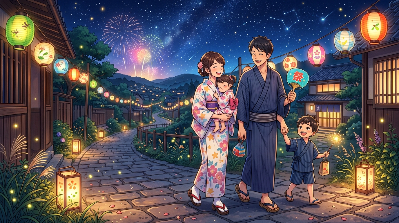 花火大会が終わった後に安全に帰宅するファミリーのイラスト