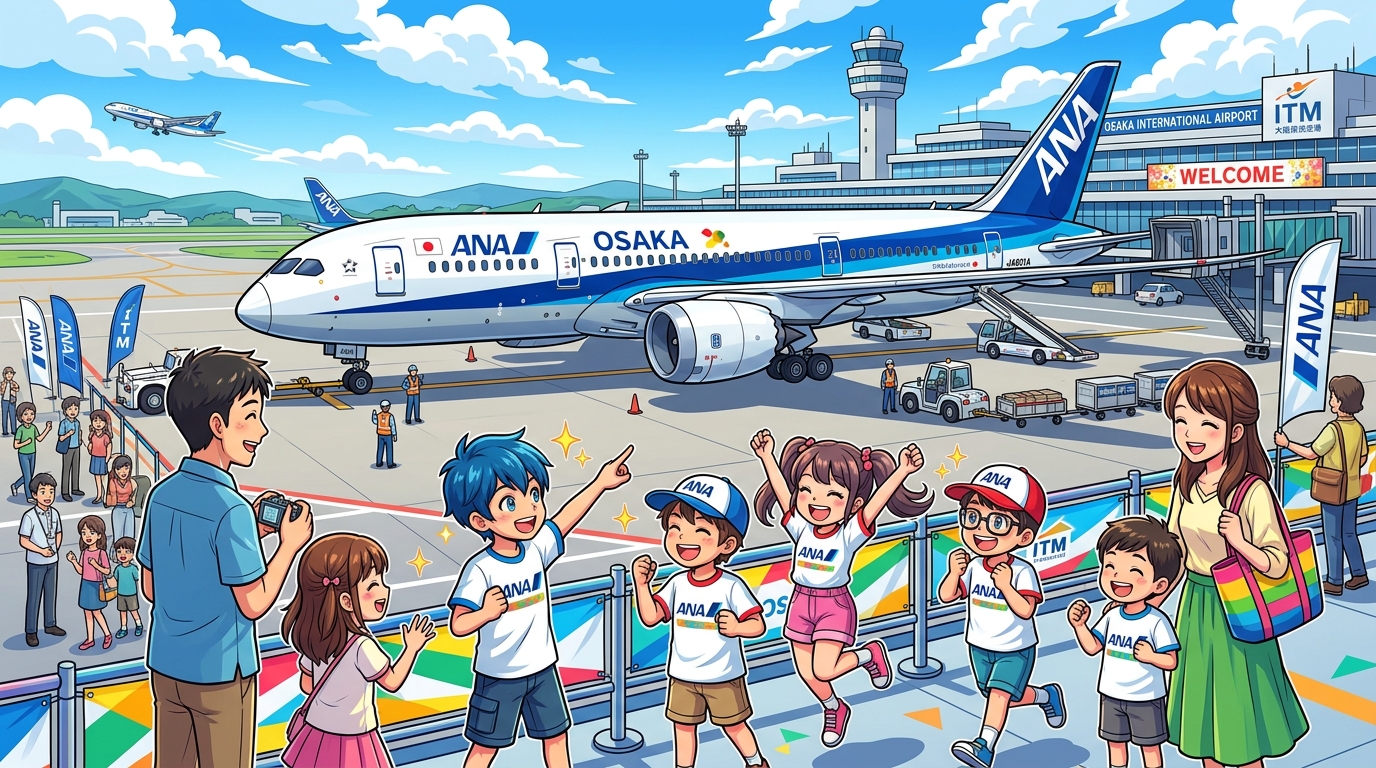 大阪国際空港での体験イベントを楽しむ親子と飛行機の様子