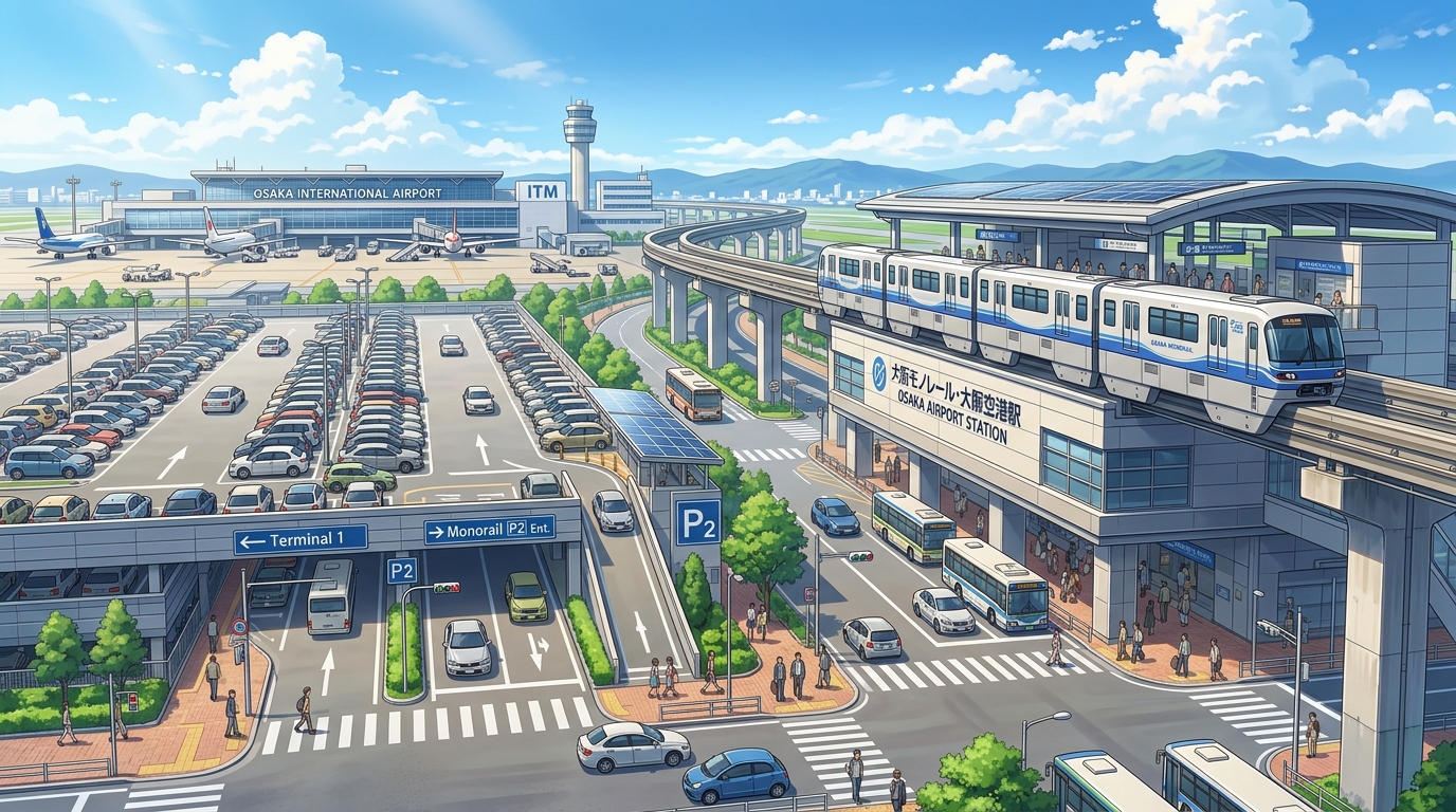 大阪国際空港の駐車場とアクセスルートのイメージイラスト