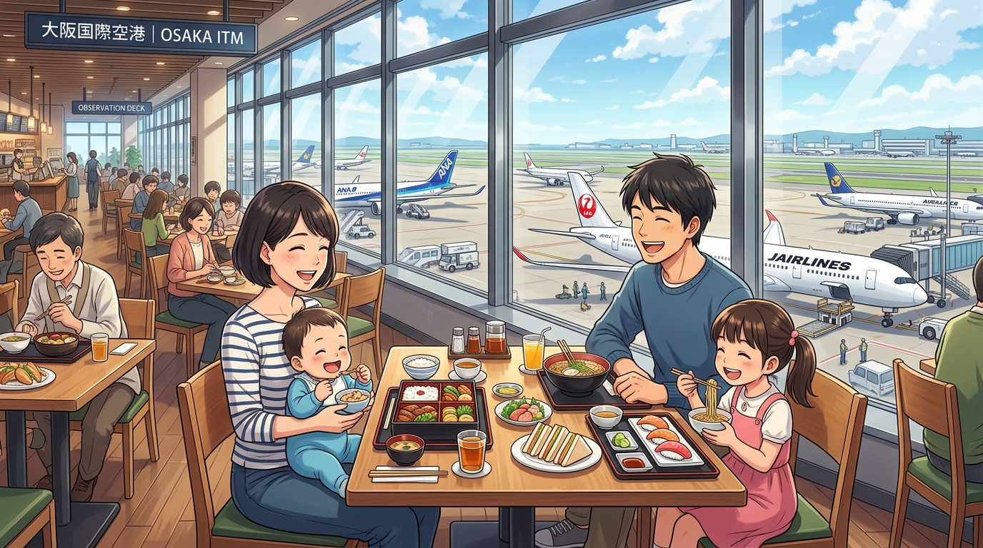 大阪国際空港の展望デッキで飛行機を見ながら過ごすファミリーの様子