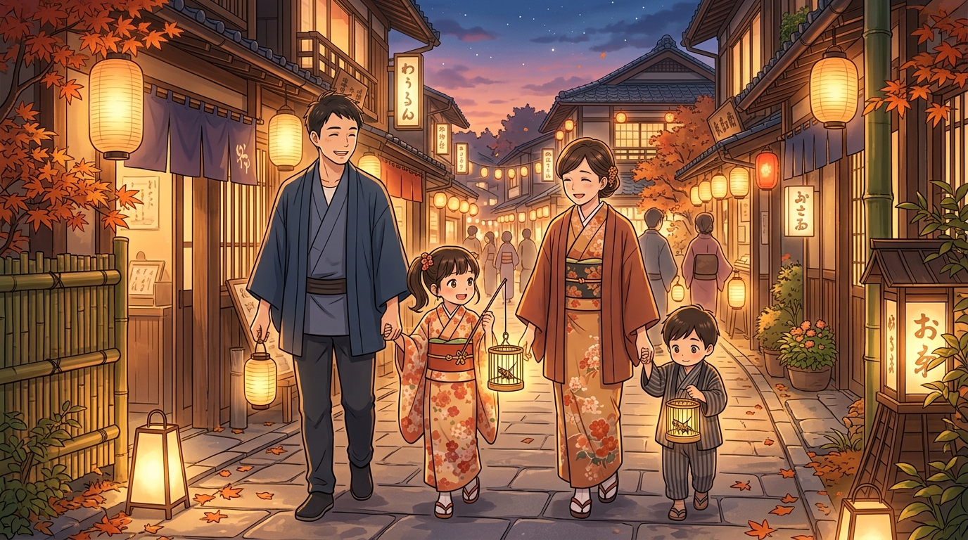 鳴く虫と郷町を親子で楽しむイメージイラスト