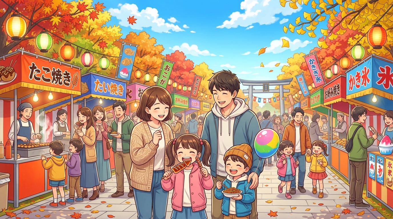川西まつりの賑やかな屋台街と楽しむファミリーのイラスト