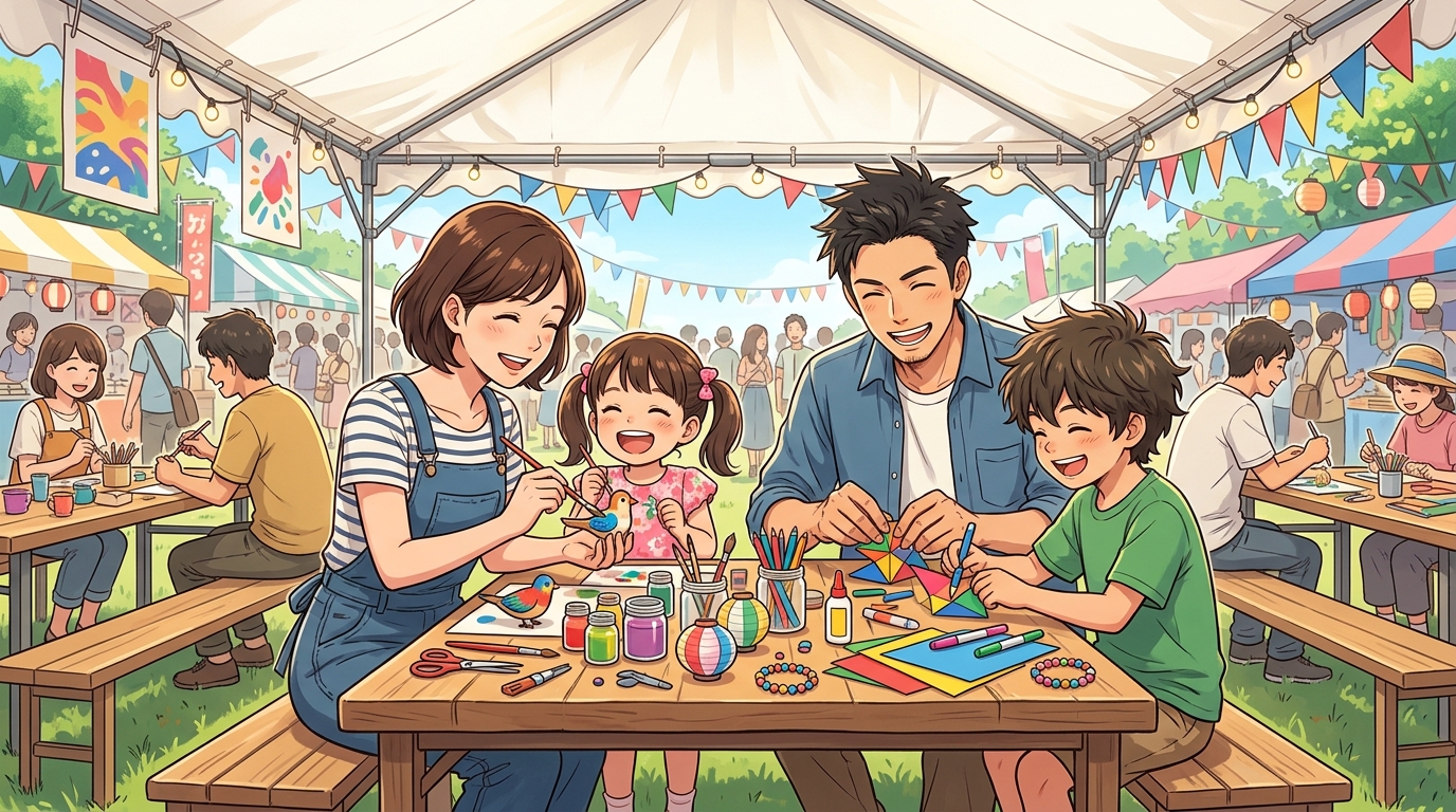 川西まつりの体験ワークショップを楽しむ親子イラスト