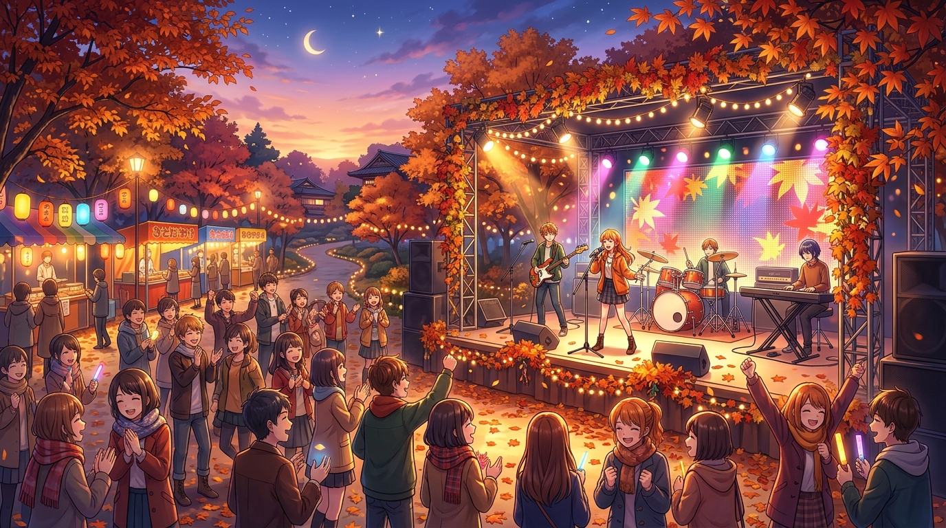 夕暮れ時の川西まつりメインステージの様子イラスト