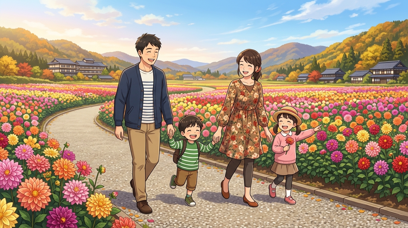 黒川ダリヤ園で満開の花を楽しむ子連れファミリーのイメージ