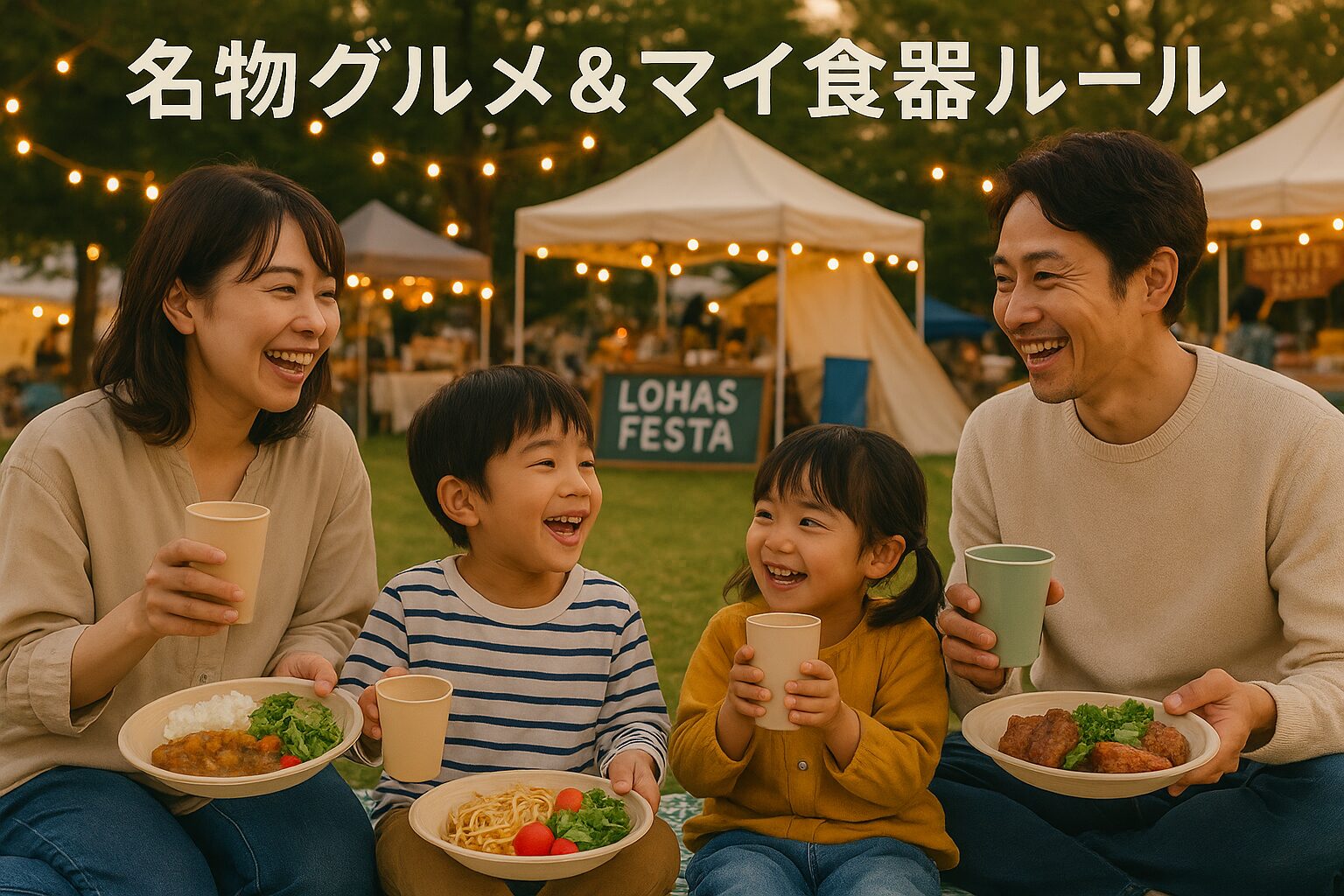 ロハスフェスタ万博でマイ食器を使いグルメを楽しむ親子ファミリー