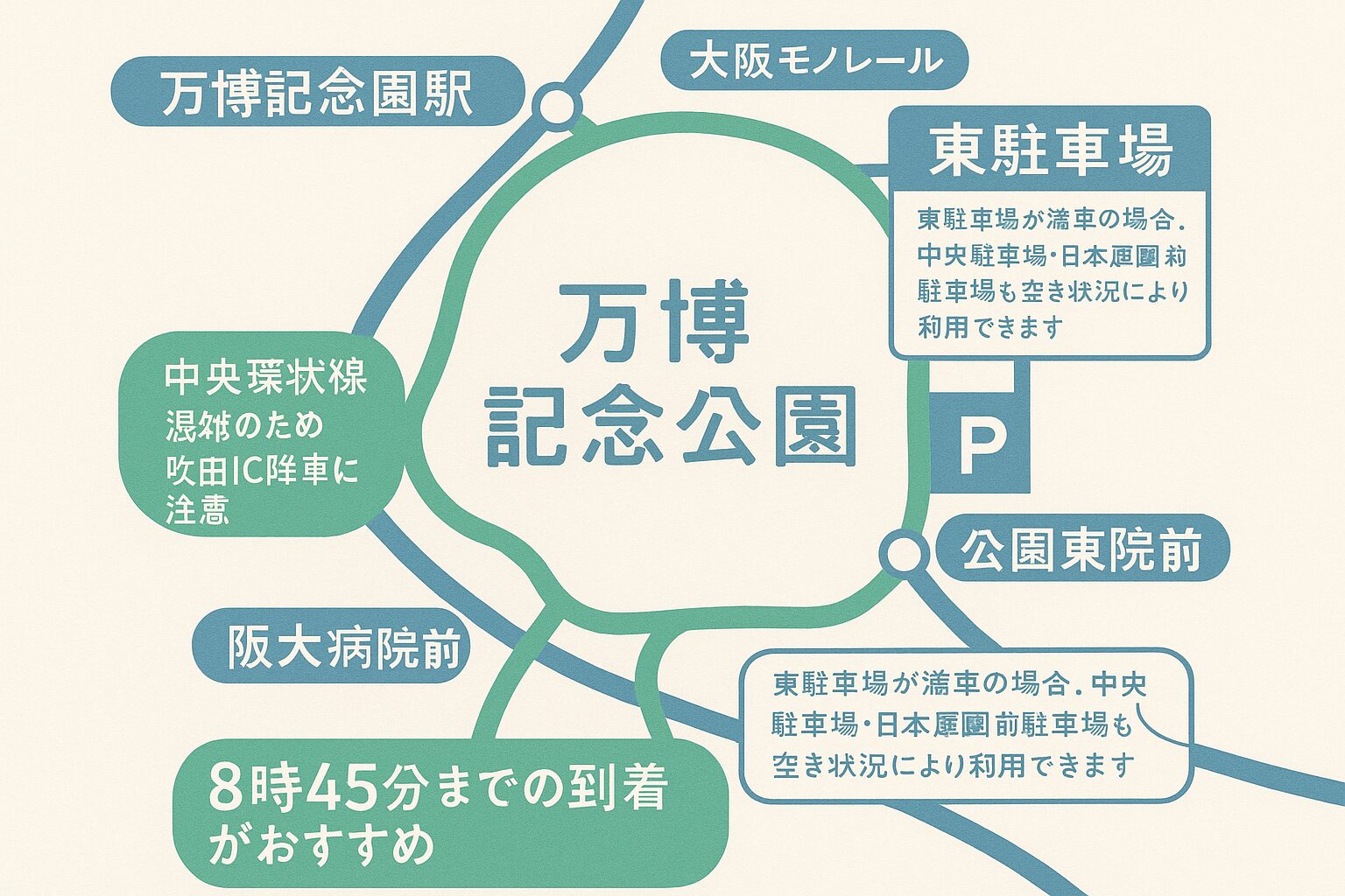 万博記念公園の駐車場アクセスと混雑回避ポイントを示した地図イラスト
