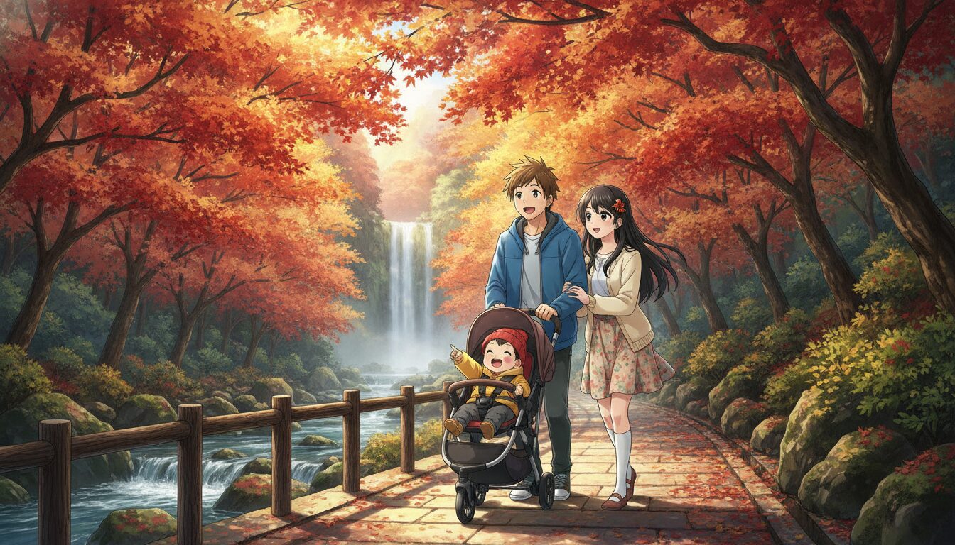 秋晴れの箕面滝道を鮮やかな紅葉に囲まれて楽しそうに歩く子連れファミリーのイラスト
