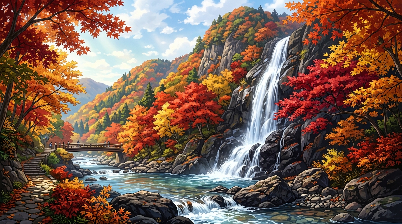 真っ赤なもみじとダイナミックに流れ落ちる箕面大滝の美しい紅葉風景イラスト