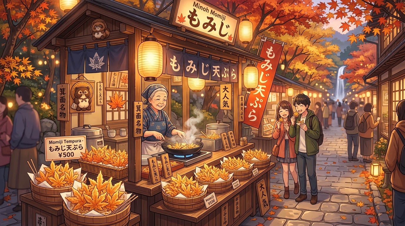 箕面名物「もみじの天ぷら」をサクサクと揚げる香ばしい屋台風景イラスト