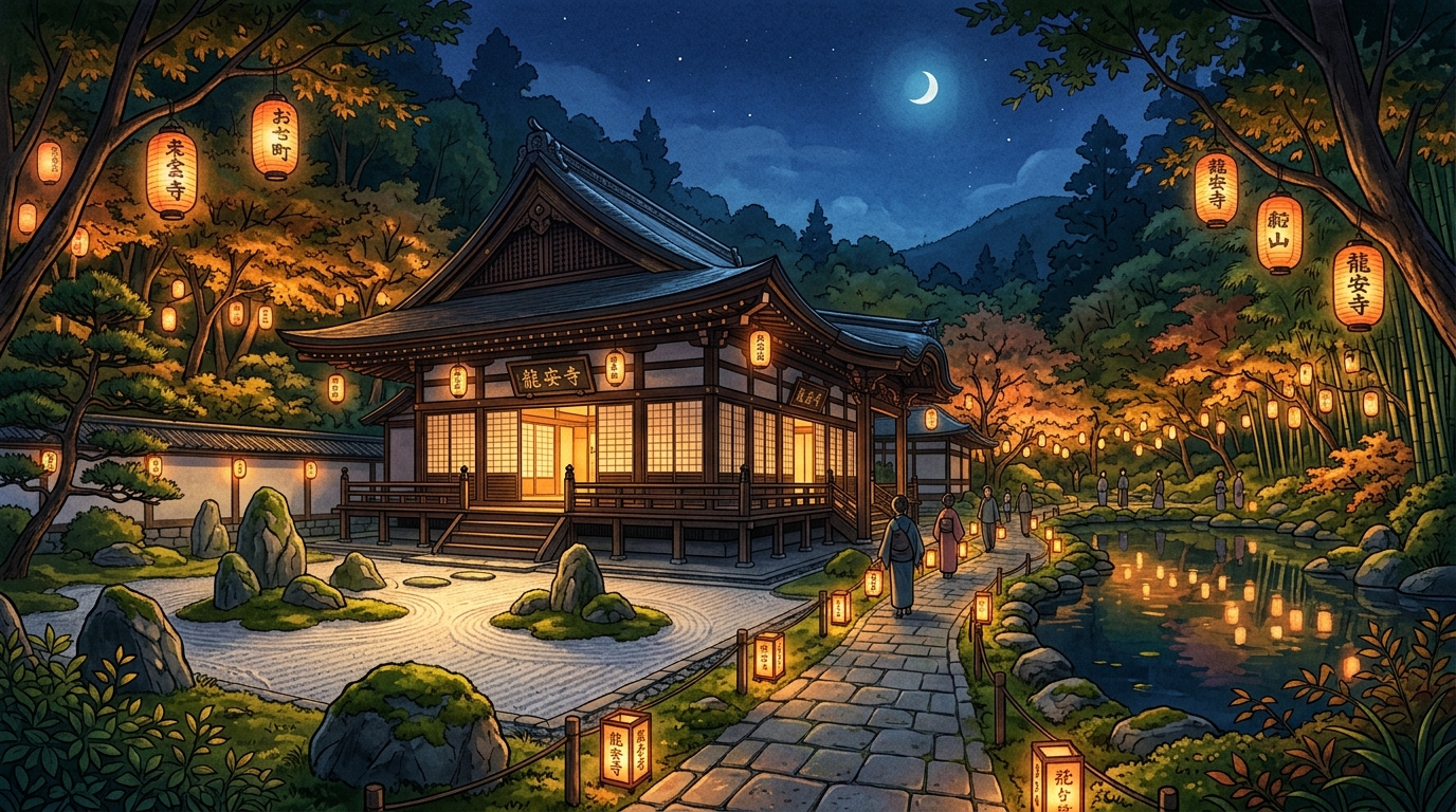 ライトアップされた箕面公園の瀧安寺と幻想的な夜景