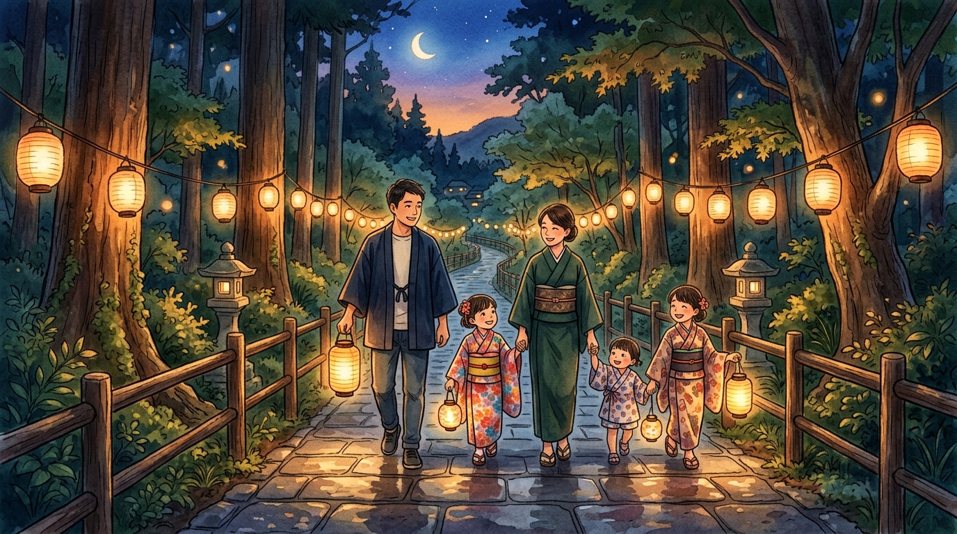 夏の夜の箕面公園滝道を安全に歩く子連れファミリー
