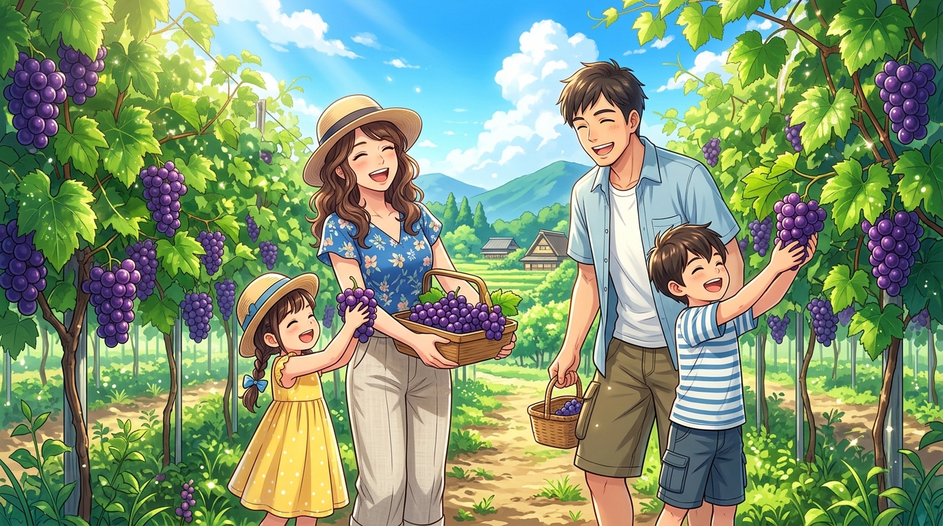 能勢の農園でぶどう狩りを楽しむファミリーのイラスト