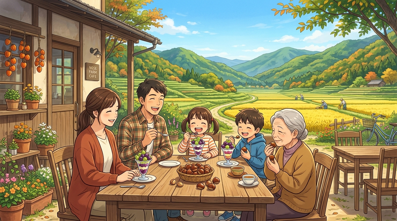 能勢の豊かな自然と農園カフェでくつろぐ家族のイラスト