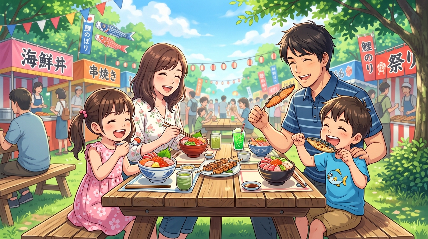 万博記念公園のお祭り広場で海鮮丼を楽しむ子連れファミリーのイラスト