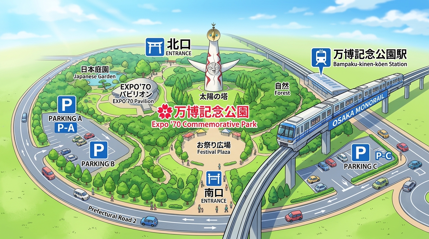 万博記念公園へのアクセスと混雑回避できる駐車場案内のイメージイラスト
