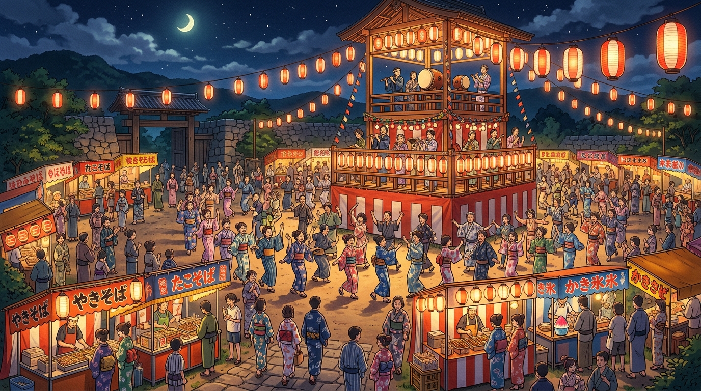 丹波篠山城跡の巨大櫓を囲むデカンショ踊りと屋台の賑わいイラスト